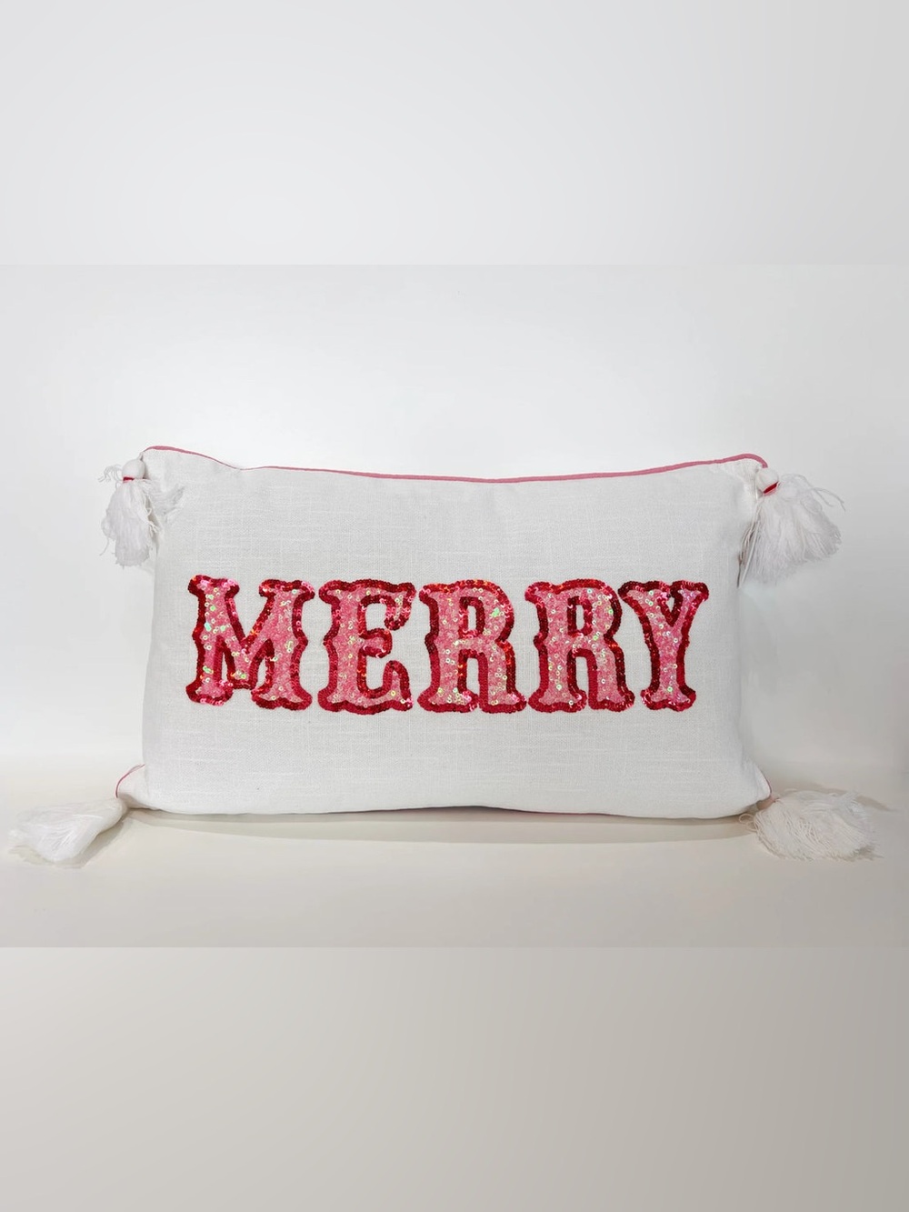 Mary Square 'MERRY' Sequin Accent Pillow - Pink on White